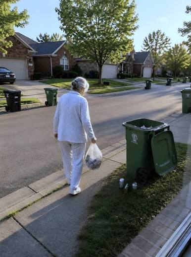 A resident carrying a trash bag to the curb past bins